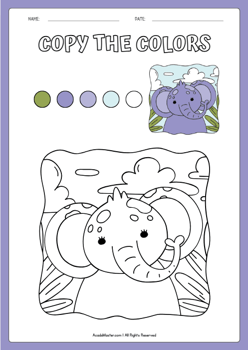 Copy the Color Worksheet – Cute Purple Elephant in the Grass