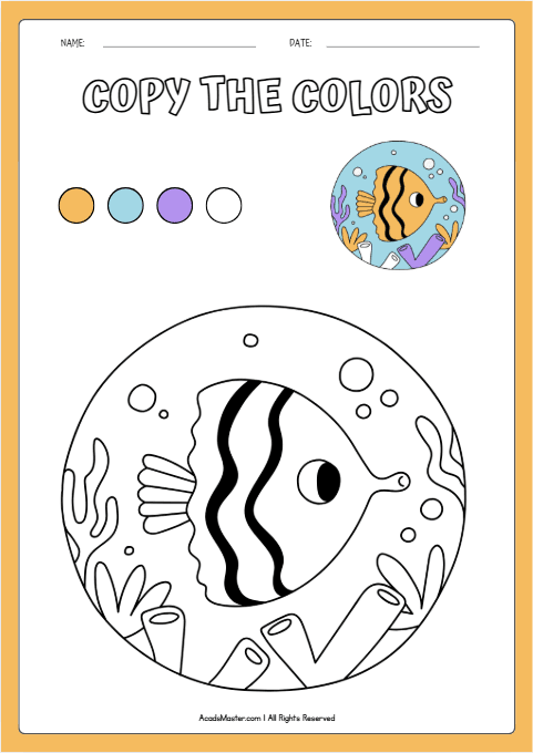 Copy the Color Worksheet – A Bright Yellow Fish with Bold Black Stripes