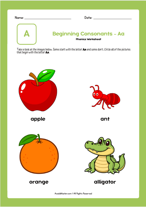 Beginning Consonants Letter A Worksheet