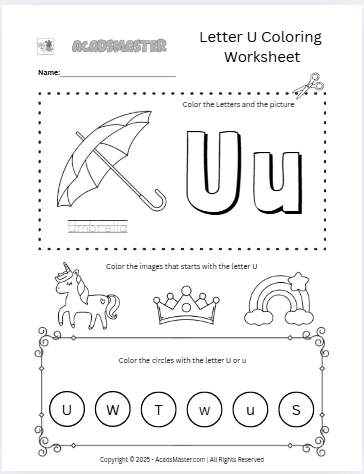 Letter U Coloring  Worksheet