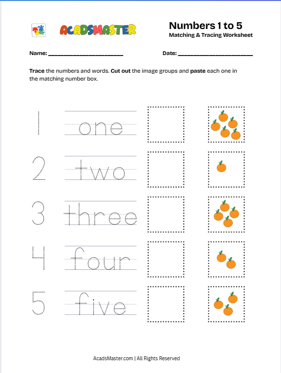 Numbers 1 to 5 Matching & Tracing Worksheet