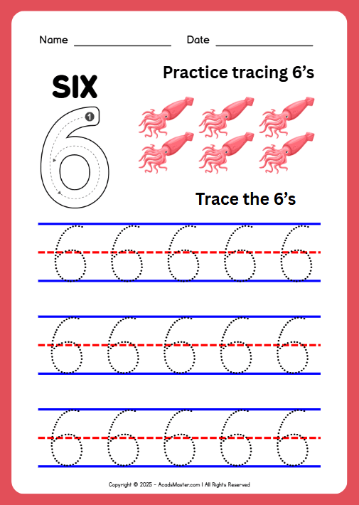 Tracing Number 6 Worksheet