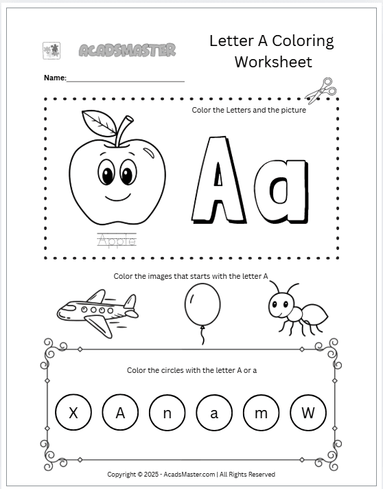 Letter A Coloring  Worksheet