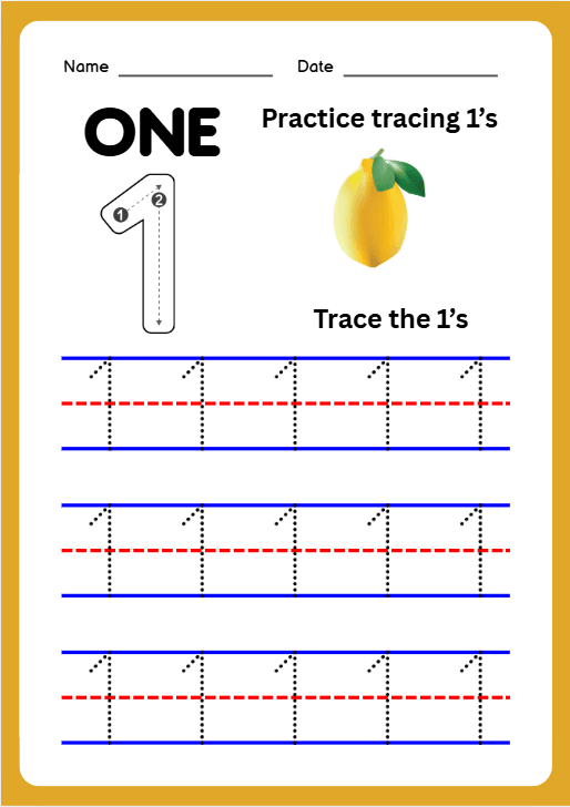 Tracing Number 1 Worksheet