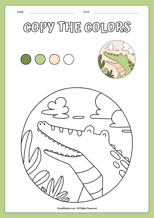 Copy the Color Worksheet – A Friendly Green Crocodile Smiling in the Jungle