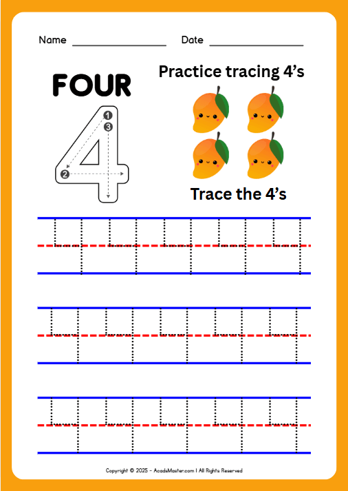 Tracing Number 4 Worksheet